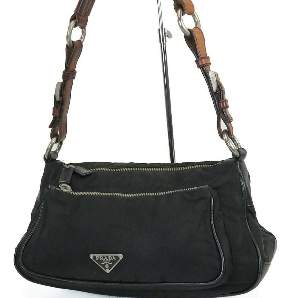 PRADA Milano Black Nylon and Brown Leather Handbag